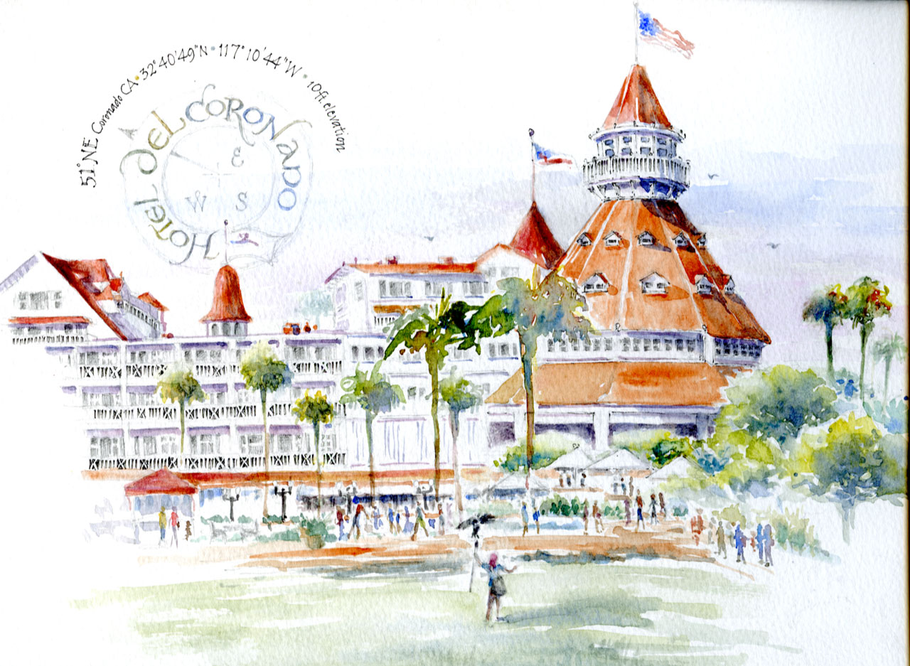 Watercolor sketch of Hotel Del Coronado by Janet Takahashi