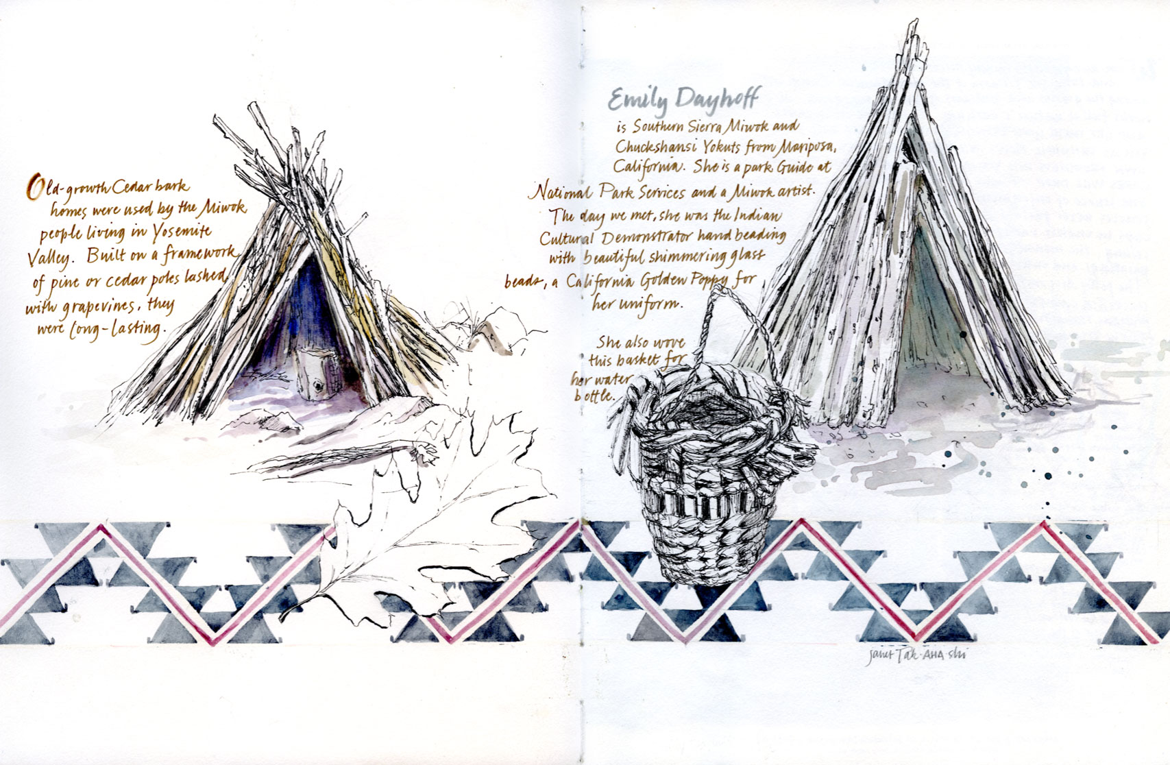 Miwok Village sketch by Janet Takahashi